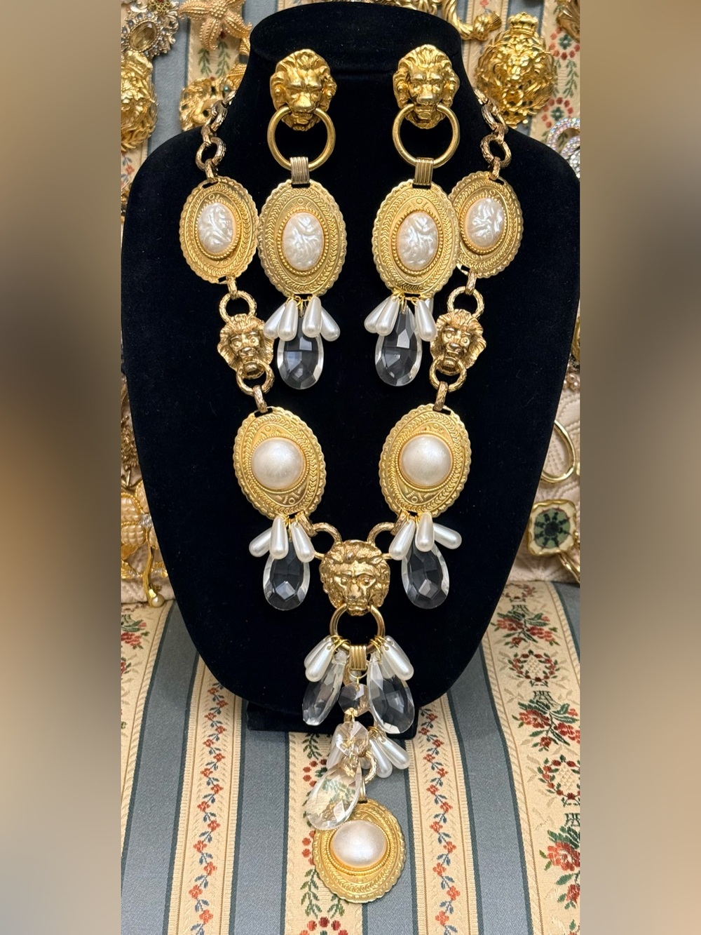 Vintage KJL Lion & Pearl Chandelier Custom Jewelry Set